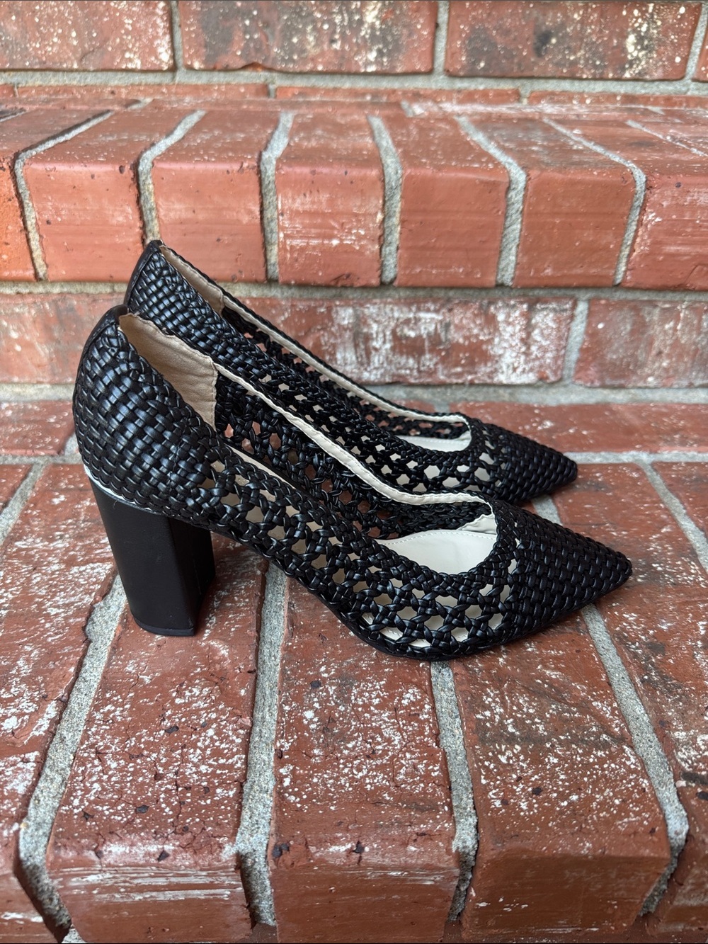 Marc Fisher Viviane Black Woven Pointed Toe Block Heel Pumps Women's Size 6.5